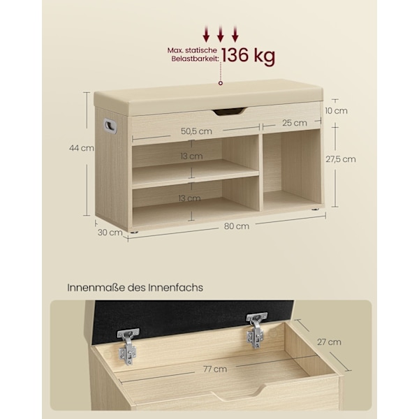 Rootz skostativbænk - Entryway Organizer - Skoopbevaring - Spånplade - 30 cm x 80 cm x 44 cm - 14,6 kg - 150 kg Kapacitet