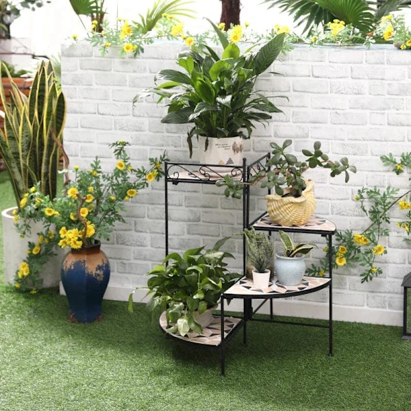 Rootz Blomsterställ - Växthylla - Växthylla - Blomstrappa i 4 våningar - Fällbar - Trädgårdsbalkong - Metallkeramiska plattor - Svart/Beige - 64 x 64