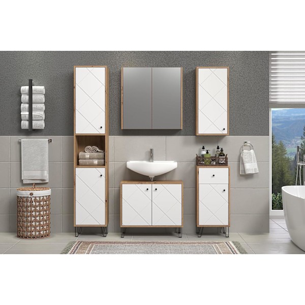 Rootz Washbasin Vanity - Bathroom Cabinet - Storage Unit - Sink Base - Vanity Stand - Bath Organizer - Under-sink Holder - White Matt Lacquer with Art