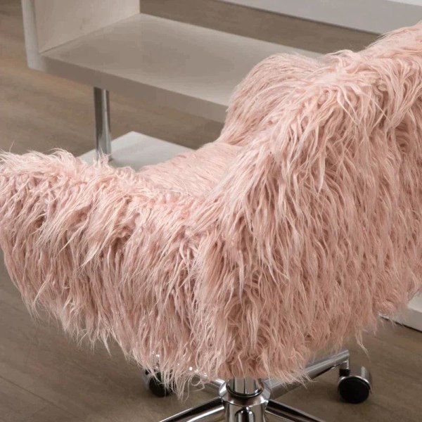 Rootz Kontorstol - Executive Chair - Drejestol - Computerstol - Make-up stol - Sædehøjdejustering - Faux Fur Skum - Pink/Sølv - 57 x 60 x 75-85 cm