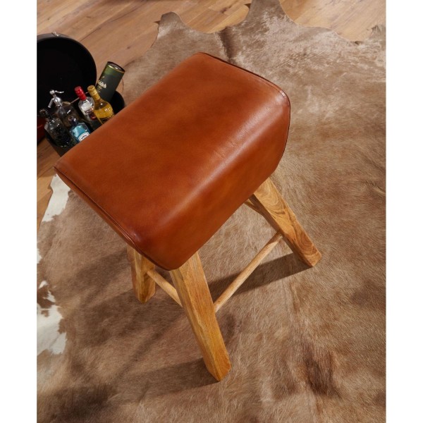 Rootz Barpall - Turnbok Model - Läder Barpall - Brun - Massivt trä - Mangoträ - 43 x 43 x 75 cm