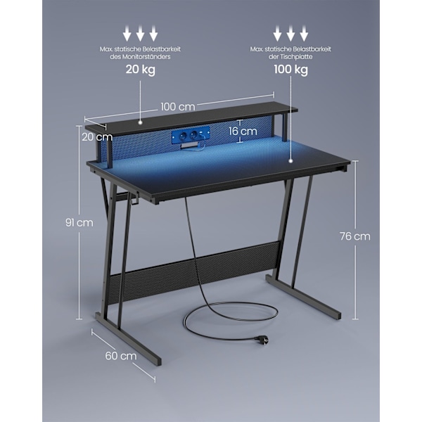 Datorbord Rootz - Spelbord - Arbetsstation - Spånskiva och stål - 60 cm x 100 cm x 76 cm - Ebenholtssvart - Bildskärmsställ - 100 kg Kapacitet