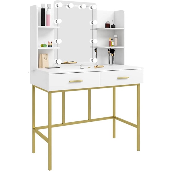 Rootz Toiletbord med spejl - Sminkebord - Makeup skrivebord - Rigelig opbevaring - Justerbar LED-belysning - Holdbar konstruktion - 45 cm x 136 cm x 9