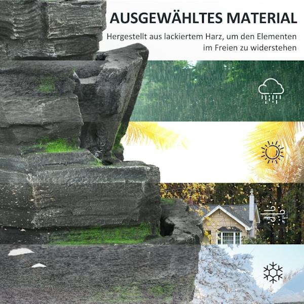 Rootz Garden Fountain - Stone Look - Vesiominaisuus - Aurinkovoimalla toimiva - LED-valot - 34 cm x 28 cm x 57 cm - Hartsi - Harmaa/ruskea