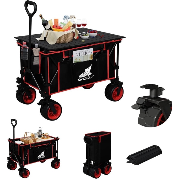 Rootz foldbar håndvogn med bordplade - Bærbar hjælpevogn - Udendørsvogn - Alsidigt 2-i-1-design - Terrænhjul - Holdbar konstruktion - 92 cm x 97 cm x