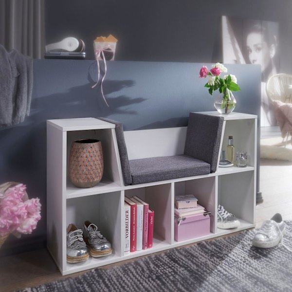 Rootz design hylly istuimella 101,5 x 61,5 x 30 cm valkoinen matta - Vapaasti seisova hylly harmaalla istuinpäällyksellä Penkki 6 lokerolla