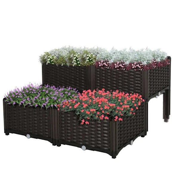 Rootz Upphöjd säng - Planteringslåda - Trädgårdsplanteringslåda - Planteringslåda med dräneringshål - Blomlåda i rottinglook - Brun - 40 x 40 x 44 cm