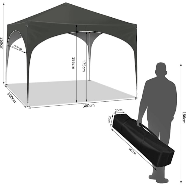 Rootz Gazebo - Pop-Up Canopy - Utomhusskydd - Vattentät, UV-skydd, Enkel installation - Oxford metallram - 3x3m - Grå