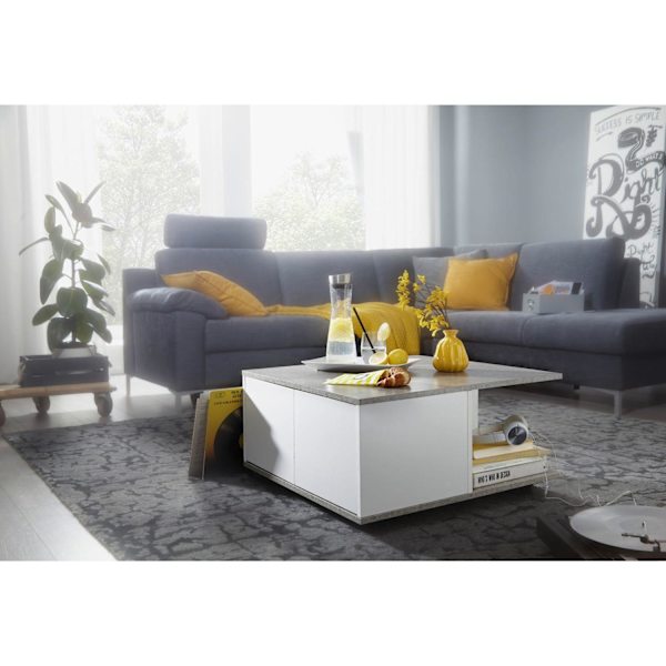 Rootz Soffbord - Soffbord - Fyrkantigt - 2 lådor - Förvaringsfack - På hjul - Vit - Cementgrå - Bearbetat trä - 70 x 70 cm