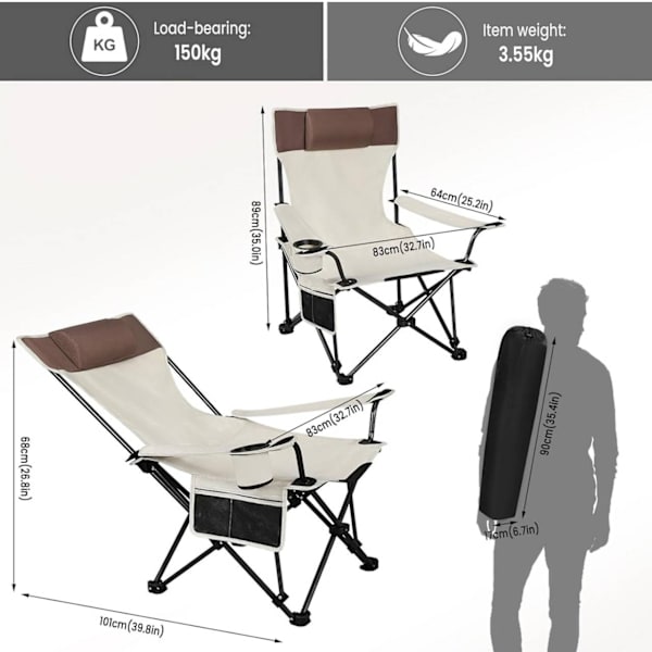 Rootz Ultimate Outdoor Folding Chair - Bærbar Stol - Justerbar Lounge Chair - Slidstærkt 600D Oxford stof - Let og kompakt - Justerbart ryglæn - 58,5
