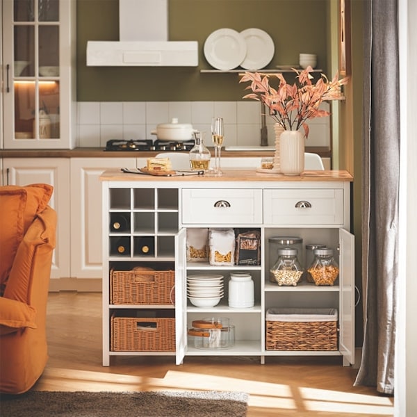 Rootz Kitchen Island - Barbord - Beverage Station - Förvaringsskåp - Rubberwood Top - 120cm x 90cm x 56cm