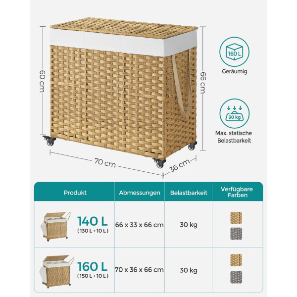 Rootz 3-delad tvättkorg - Klädkorg - Förvaringsbehållare - PP-plast - Metallram - Innerpåse av polyester-bomullsblandning - Naturliga färger - 70 cm x