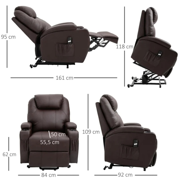 Rootz afslapningsstol - Ståhjælp - Inklusiv fjernbetjening - Kopholder - Justerbart ryglæn - Kunstlæder - Brun - 84L x 92W x 109H cm