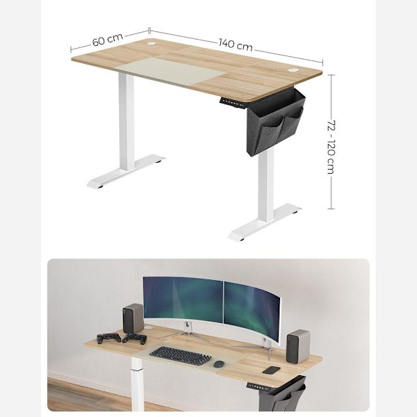 Rootz Electric Desk - Höjdjusterbart skrivbord - Stående skrivbord - Spelbord - Höjdjusterbart spelbord - Vit-Greige - 60 x 140 x (72-120) cm (D x B x