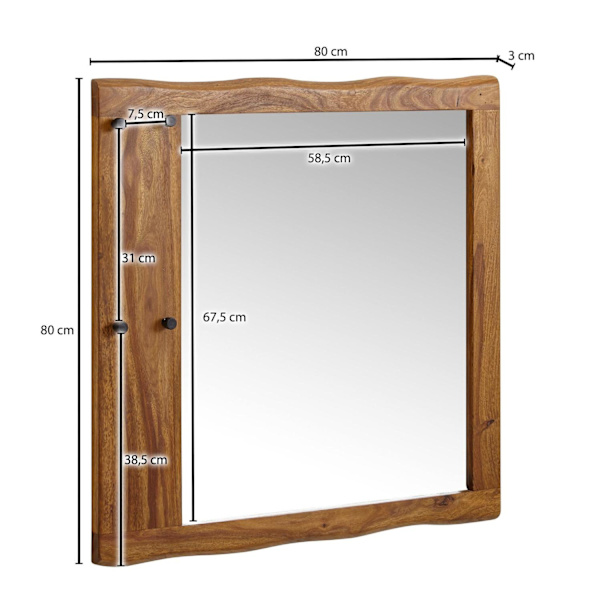 Rootz vægspejl massivt sheesham træ 80x80x3 cm design korridor spejl trækant - Hængende spejl moderne med kroge - Spejlvæg Large - Moderne garderobesp