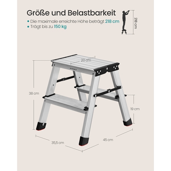 Rootz 2-trins stige - Trintaburet af aluminiumslegering - Trin-foldbar skammel - Skridsikre trin - 45 cm x 35,5 cm x 38 cm