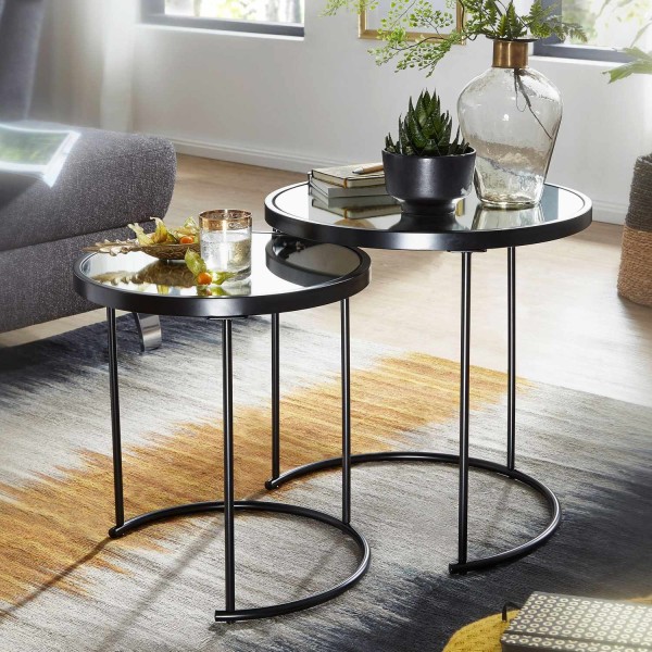 Rootz design sidobord runt Ø 50-42 cm - 2 st svart med spegelglas - Vardagsbord set om 2 - Nesting bord spegelvänt soffbord