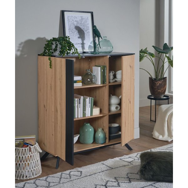 Rootz highboard 110x125x40 cm MDF-skänk i ekdekor - svart - byrå med 2 dörrar - Byrå med hylla - Hallskåp modernt - Fristående skänk med metallben