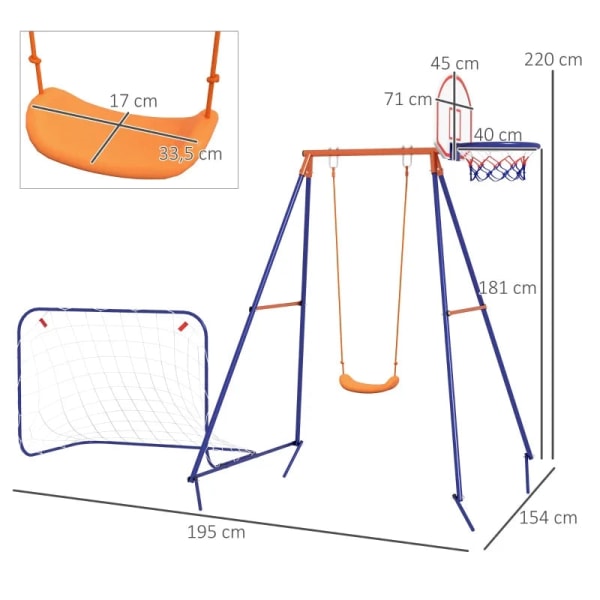 Rootz Gyngesæt til børn - Fodboldmål - Basketballbøjle - i 3 til 8 år - Stålramme - Mørkeblå + Orange - 195W x 154D x 220H cm