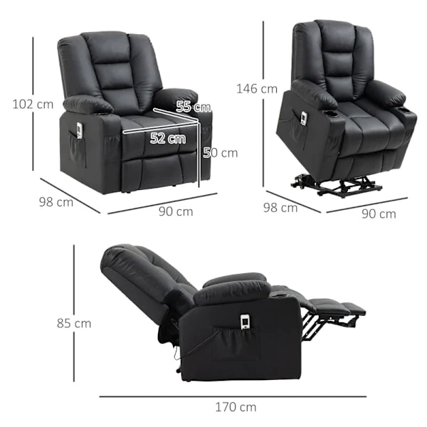 Rootz massagestol med ståhjælp - Riser stol - Fjernbetjening - Imiteret læder - Sort - 90x98x102 cm