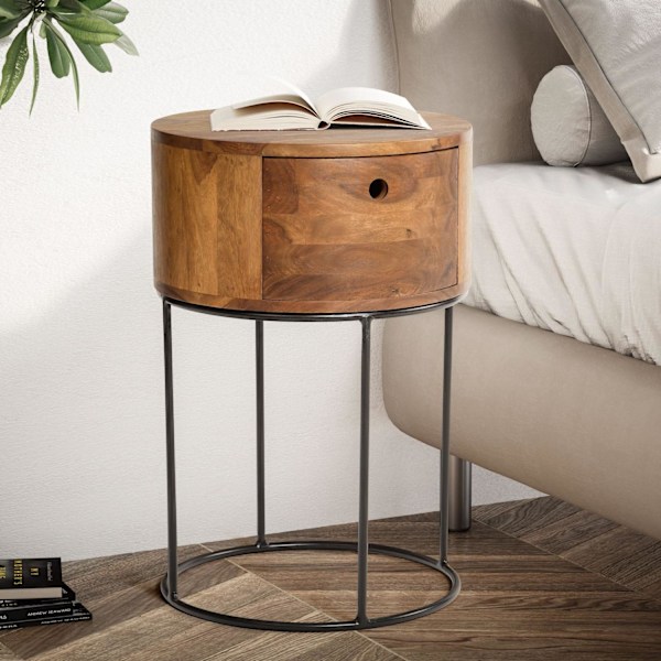 Rootz Round Night Box - Moderne natbord - Elegant sengebord - Unikt håndlavet design - 40 cm x 40 cm x 60 cm - Sheesham Wood