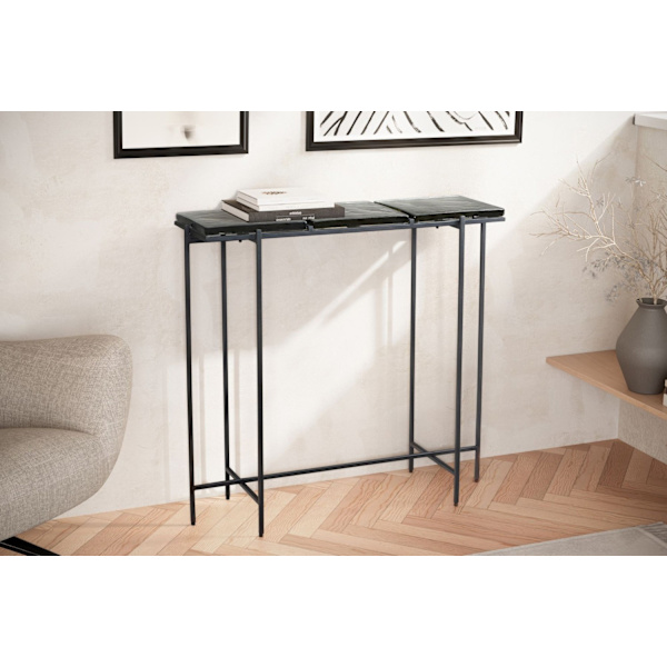 Rootz Modern Console Bord - Entrébord - Sofabord - Glasplade - Metalstel - Håndlavet - 90cm x 29cm x 85cm
