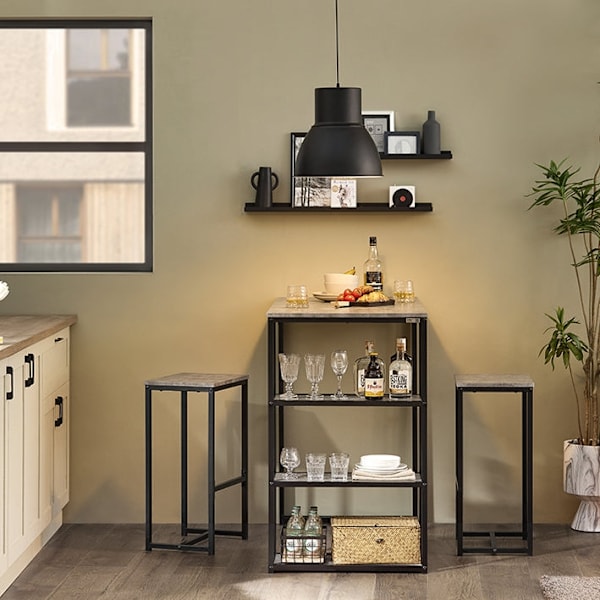 Rootz 3-delade barbordsset - Matbord med 2 pallar - Köksbänkset - Platssnål design - Robust metallstomme - Idealisk för kök, matsal, trädgård - Ljusgr