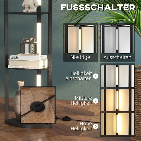 Rootz LED gulvlampe med hylde - Moderne sort stående lampe - Høj hjørnelampe - 3 lysstyrkeniveauer - Integreret LED - 41 cm x 29,5 cm x 163,5 cm