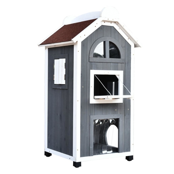 Rootz Cat House - harmaa, valkoinen - kuusipuu, asfaltti - 23,22 cm x 21,65 cm x 42,91 cm