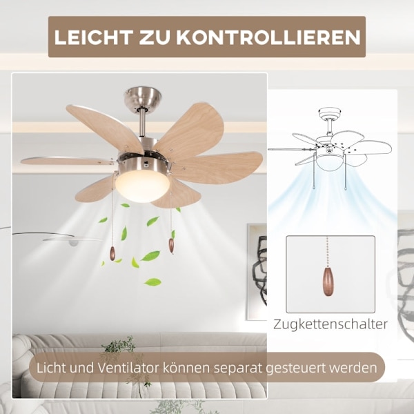 Rootz takfläkt med ljus - Kedjedragbrytare - 3 hastigheter - Energieffektiv belysning - Mångsidigt luftflöde - Tyst drift - 76 cm x 76 cm x 41,5 cm -