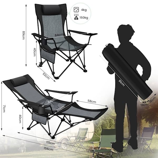 Rootz 4-in-1 Camping lepotuoli - Säädettävä lepotuoli - Ulkoistuin - Monipuolinen, Kannettava, Kestävä - 600D Oxford Kangas - 156cm x 71cm x 84cm (mak