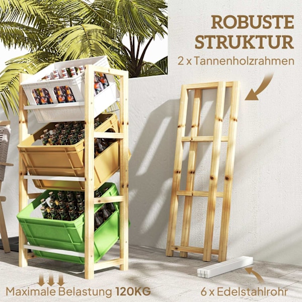 Rootz Beverage Crate Shelf - Träagringsstativ - 3 -Tier Box Organizer - Natural Spruce Wood - 56 x 32 x 112 cm - Perfekt för fester & BBQS