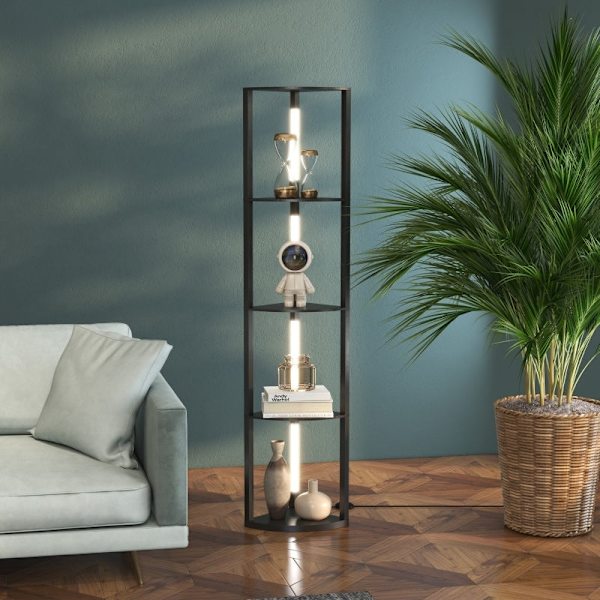 Rootz LED gulvlampe med hylde - Moderne sort stående lampe - Høj hjørnelampe - 3 lysstyrkeniveauer - Integreret LED - 41 cm x 29,5 cm x 163,5 cm