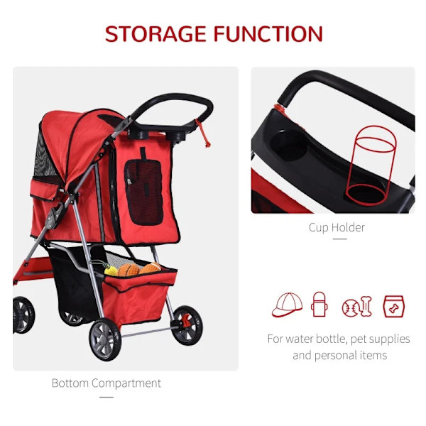 Rootz Dog Stroller - Pet Stroller - Dog Buggy - Dog Stroller For Travel - Foldable Pet Stroller - Dog Travel Buggy - Compact Pet Carriage - Red - 75L