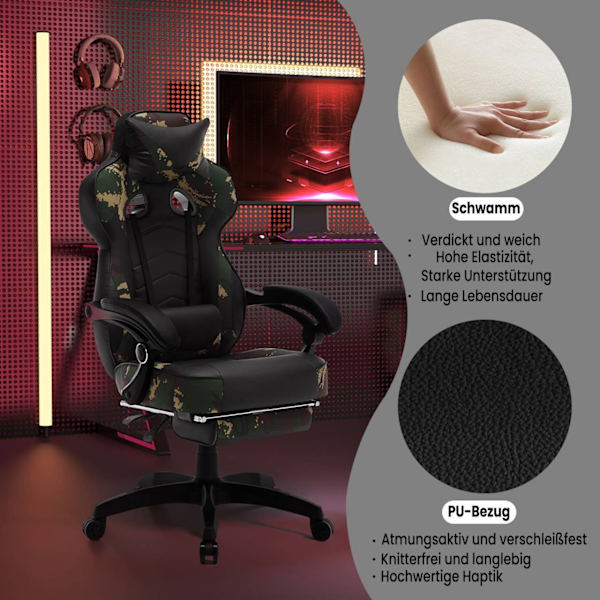 Rootz Gaming Chair - Kontorsstol - Racing Chair - Justerbar höjd & fällbar - Ergonomisk design - 121-128cm x 56cm x 46cm
