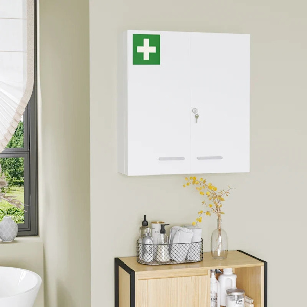 Rootz Medicinskab - 6 indvendige rum - Låsbar - 2 døre - Robust stålhus - Hvid - 55 x 18 x 60 cm