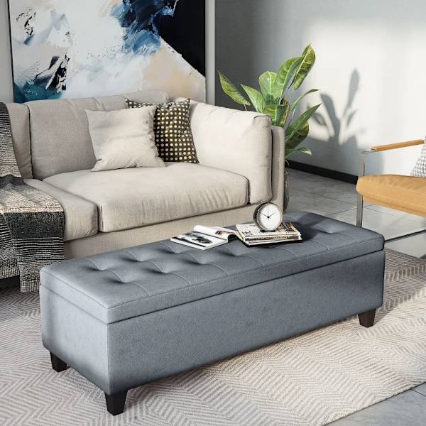Rootz bænk med opbevaring - osmannisk - gangbænk - knapsyning - imiteret linned - eukalyptustræ - grå - 125,1 cm x 48,9 cm x 41,3 cm