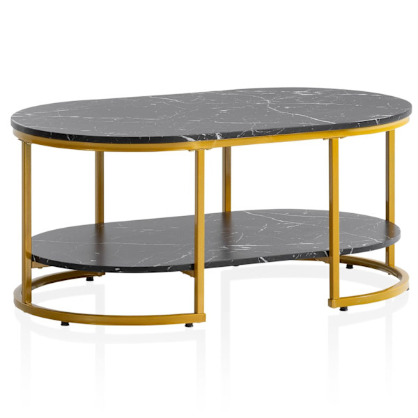 Modernt rektangulärt soffbord - Svart och guld - Marmorlook - Rundade hörn - 100 cm x 60 cm x 45 cm - Förvaringsområde - Robust metallram - Elegant st