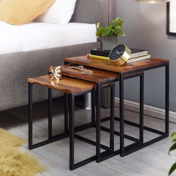 Rootz redeborde sæt med 3 Sheesham massivt træ - metal sidebord firkantet moderne - Design sofabord 3 dele - Stueborde sparer plads - Træbord redebord