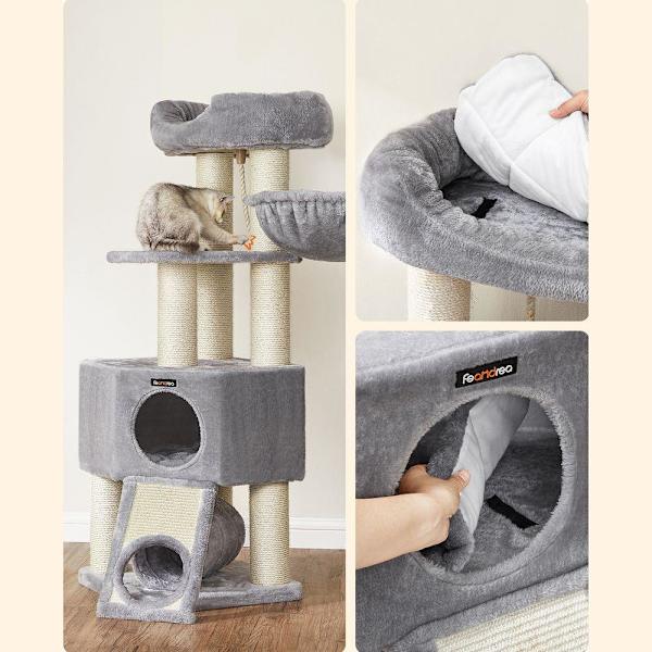 Rootz Cat Tree - Kradsestolpe med tunnel - Ridsestolpe med kattekasseskab - Katteklatretræ - Katteaktivitetstræ - Kattelegetræ - Moderne kattetræ - Ka