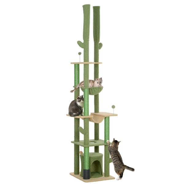 Rootz Cactus Skrapstolpe - Kattträd - Cat Condo - Justerbar höjd - Mysiga hängmattor - Plysch Cat Cave - Golv till tak - Grön/Brun - 60cm x 48cm x 225