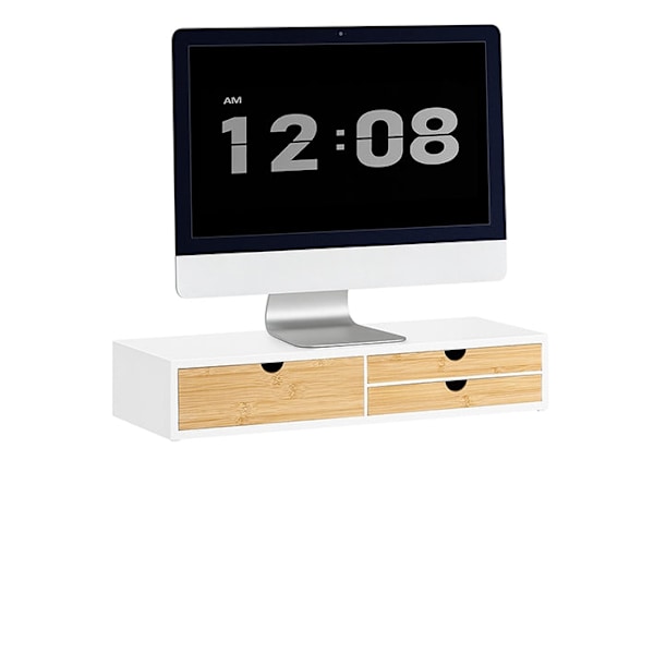 Rootz Monitor Stand Riser - Screen Elevation - Desk Organizer - Space Saving - 3 Drawers - MDF & Bamboo - 60x11x22CM