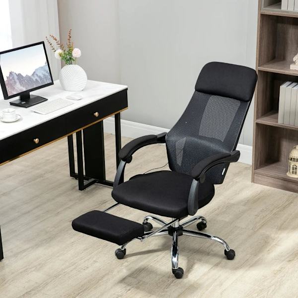 Kontorstol med massagefunktion - Massagestol - Inklusiv fodstøtte - 2 vibrationspunkter - USB-interface - Sort - 60L x 57W x 115-123H cm