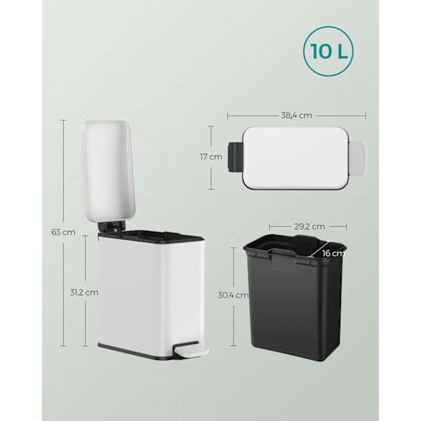 Rootz 10L kosmetikabehållare - Avfallsbehållare - Papperskorgen - Stålkropp - PP-plastfoder - 38,4 cm x 17 cm x 35 cm - Idealisk för badrum och kök