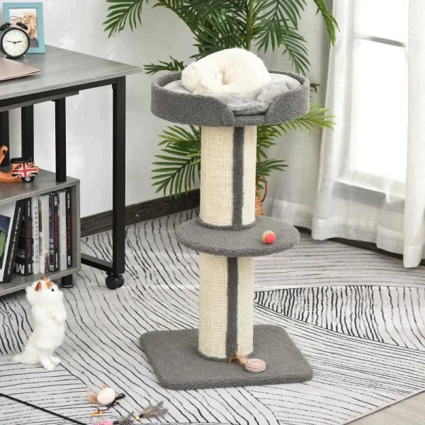Rootz Cat Tree - Play Tree - Scratching Post - Cats 2-tier Scratching Tree - E1 Chipboard - Grey - 45 x 45 x 91 cm