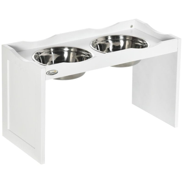 Rootz Foderstation - Skålstativ - Hundefoderstation - 2 fodringsskåle - Til store hunde - Rustfrit stål/MDF - Hvid - 63 x 30 x 24cm