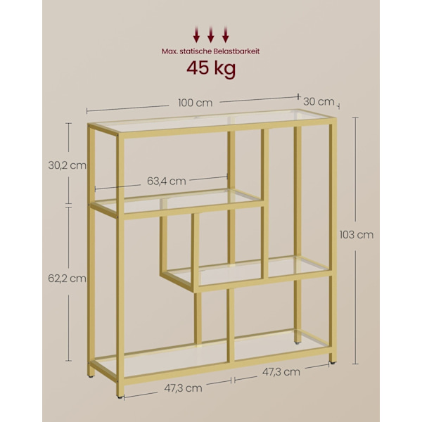 Rootz Glas reol - Hylde Organizer - Display Stand - Hærdet glas - Stålramme - 30 cm x 100 cm x 103 cm - Gennemsigtig bleg guld