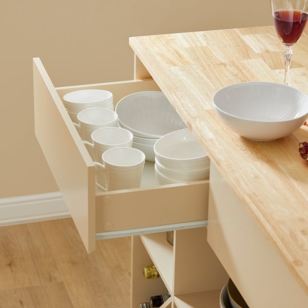 Rootz Modern Kitchen Island - Skænk - Buffetskab - MDF og gummitræ - Rummelig opbevaring med 5 rum og 2 skuffer - Opbevaring af vinflasker - 120 cm x