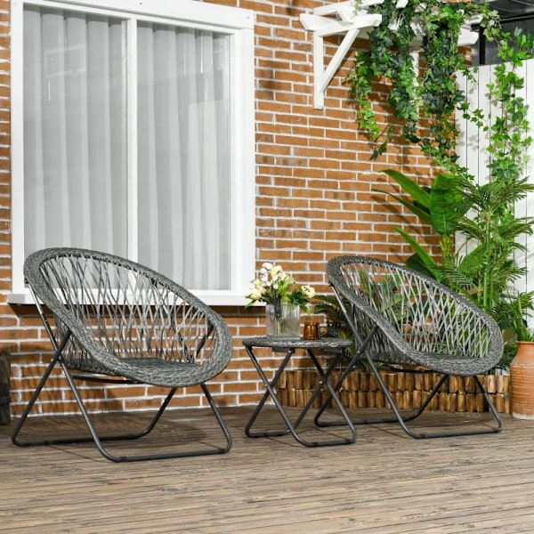 Rootz 3-delt Rattan Look Havemøbelsæt - 2 Stole - 1 Bord - Sammenklappelig - Syntetisk Rattan - Grå - 76W x 77D x 78H cm