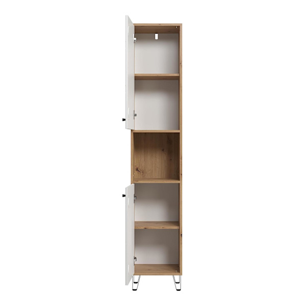 Rootz Tall Bathroom Cabinet - Storage Unit - Washroom Organizer - Bath Furniture - Towel Stand - Shelving System - White Matt Lacquer with Artisan Oak